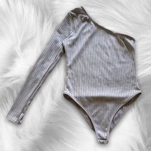 Gray Ribbed One Shoulder Bodysuit